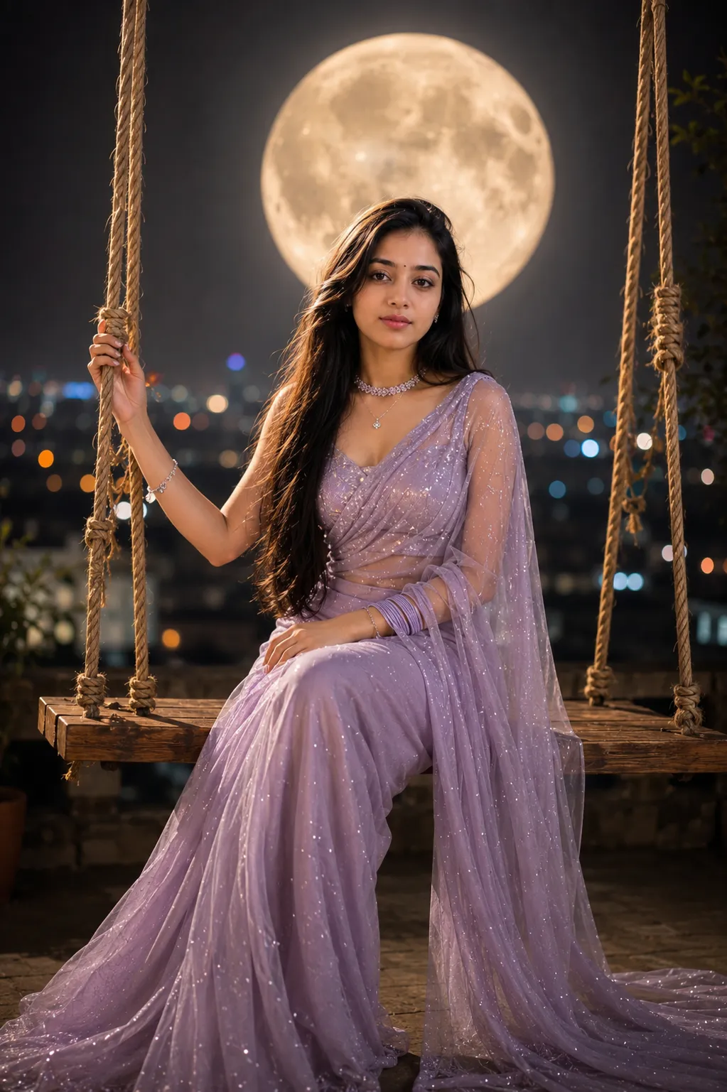Lavender Saree Under a Full Moon