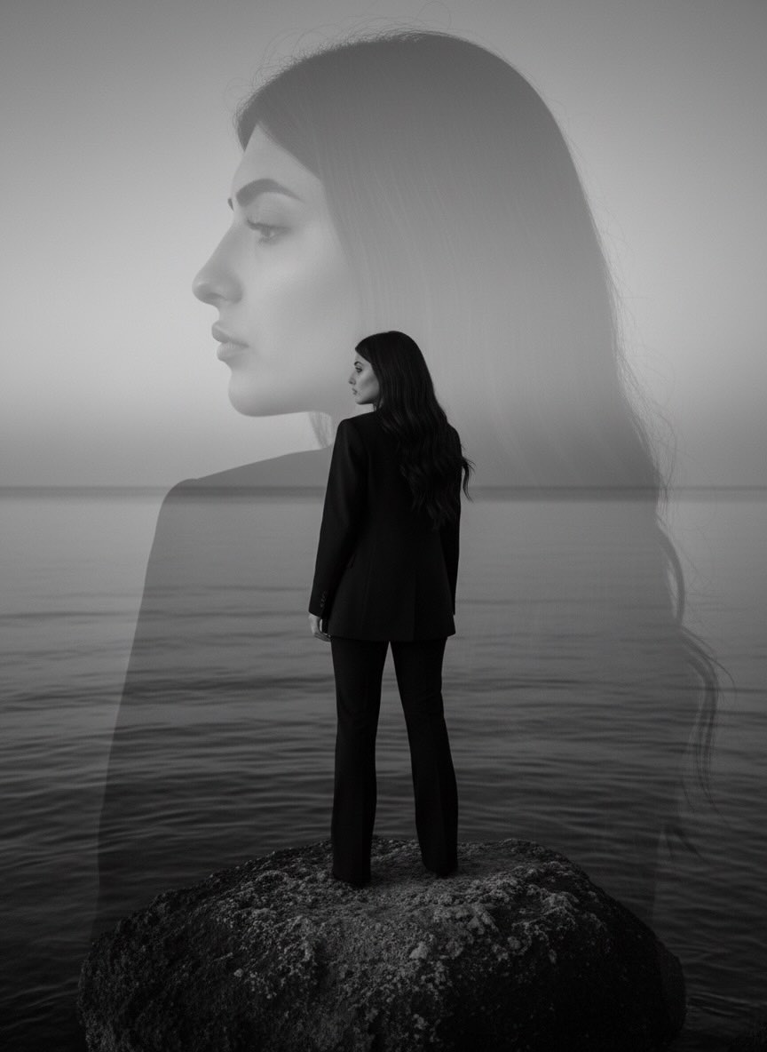 Black-and-White Double-Exposure Portrait by the Sea