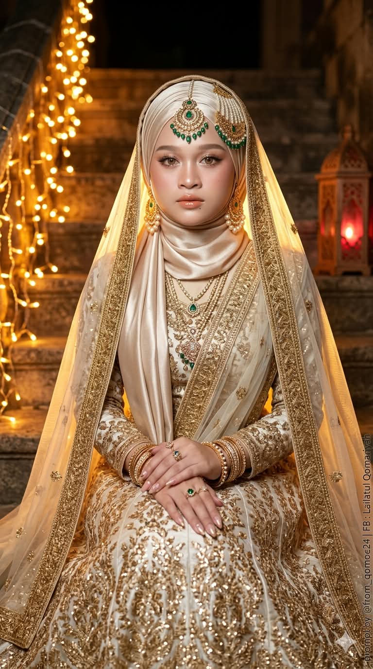 Golden Hijab Portrait on a Lantern-Lit Staircase output 2