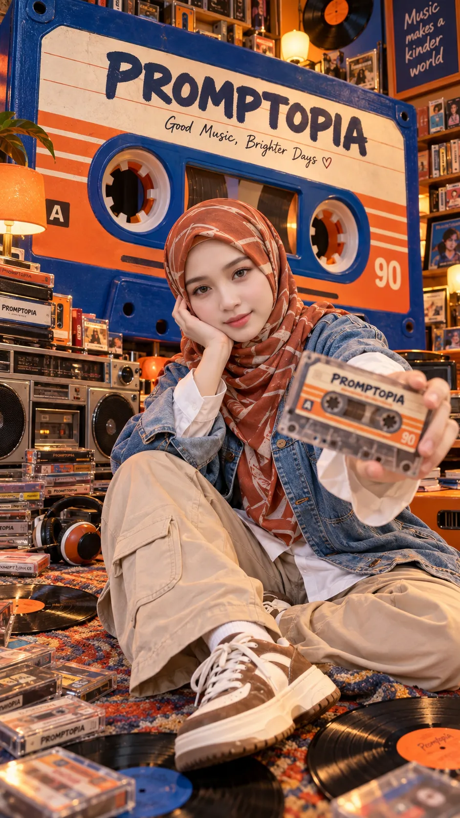 Ultra-Photorealistic Portrait in a Giant Retro Cassette Studio