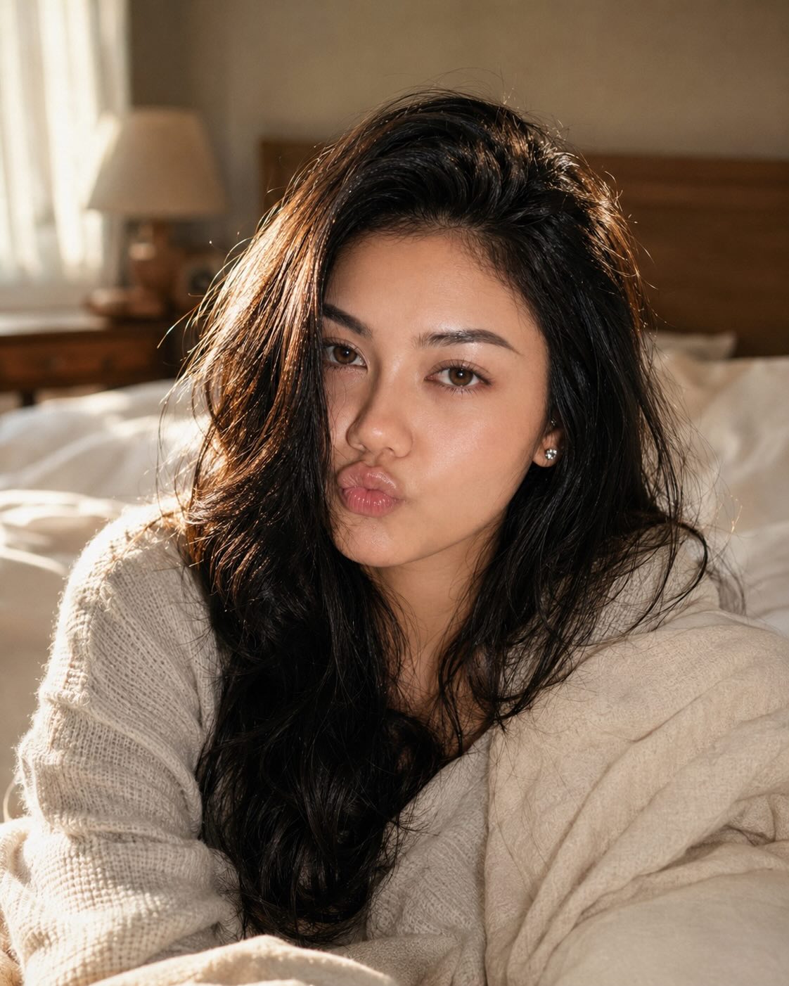 Cozy Morning Portrait with a Cream Bolster