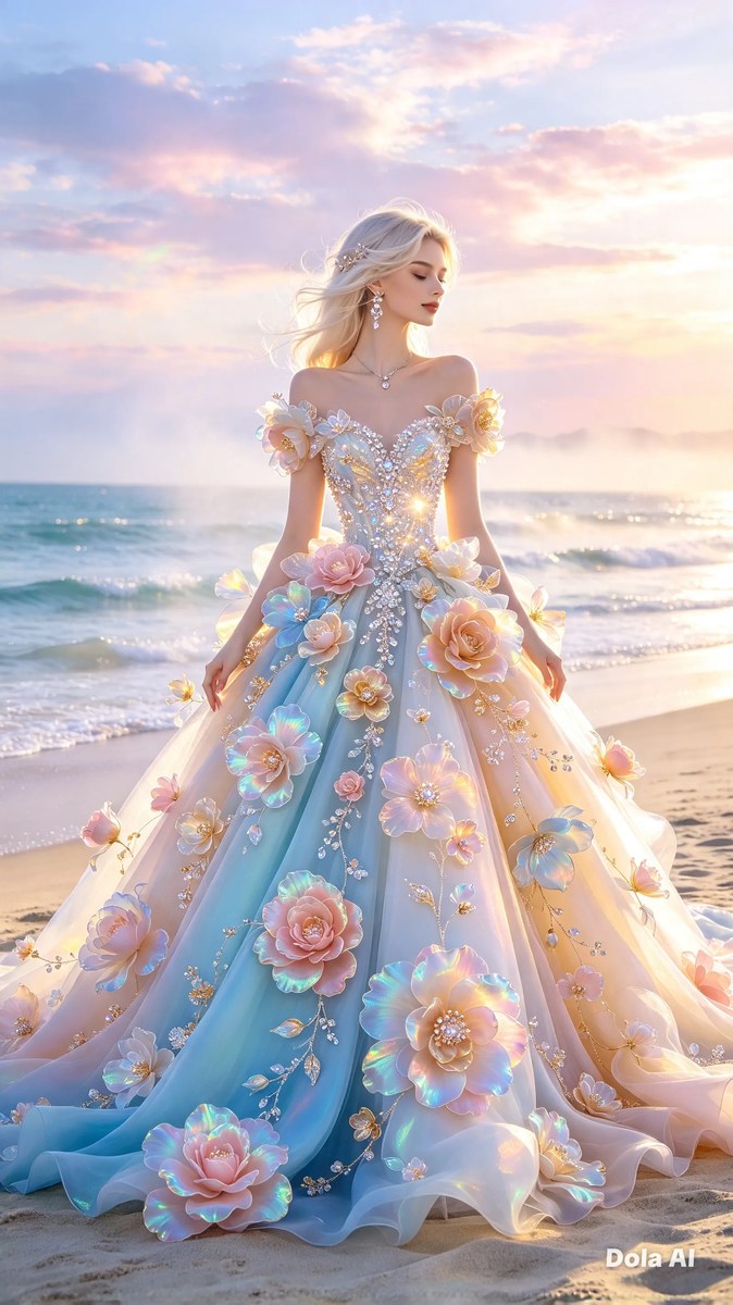 Iridescent Blossom Gown on a Dawn Beach