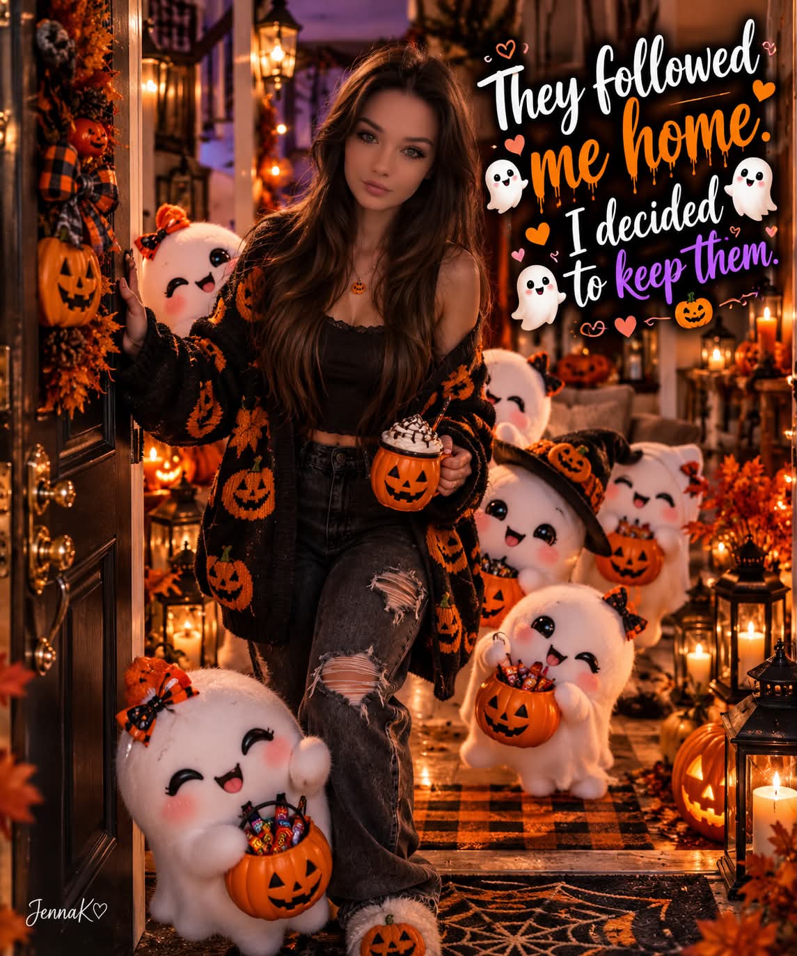 Cozy Halloween Doorway Portrait with Ghost Plushies