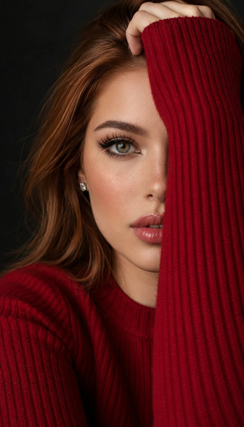 Auburn-Haired Woman in a Crimson Knit Sweater