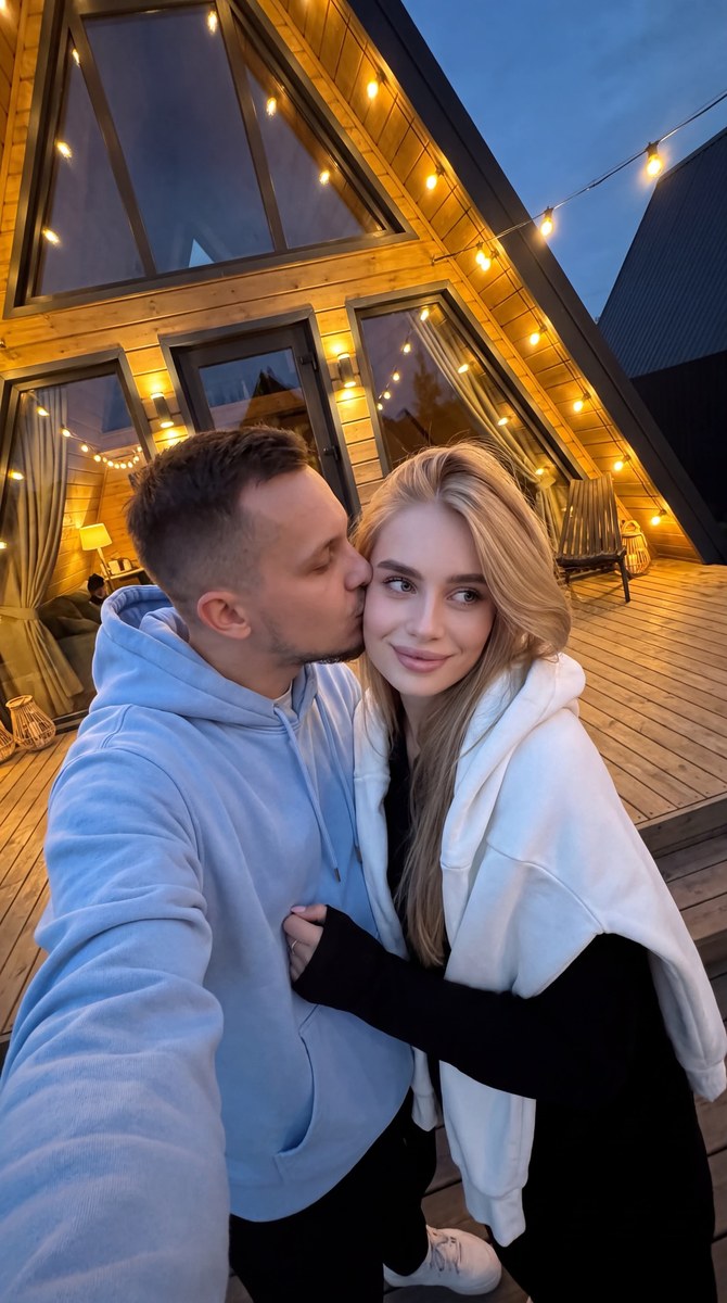 Romantic Evening Couple on a Cabin Terrace