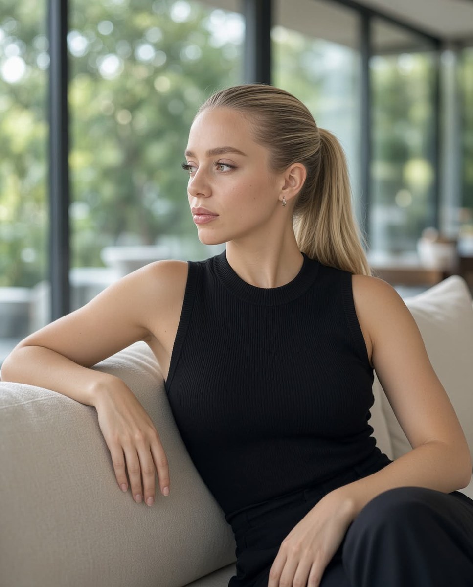 Photorealistic Fashion Portrait on a Sofa output 3