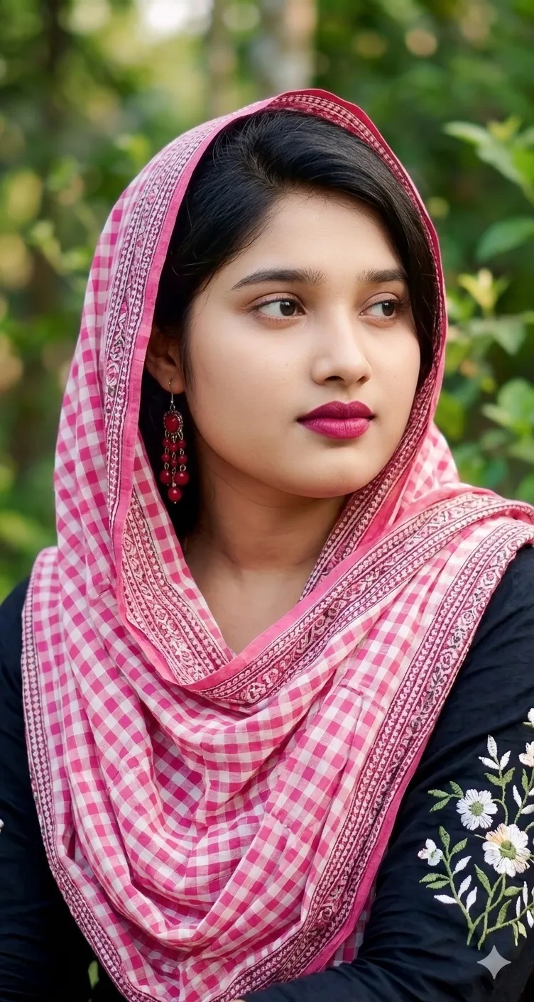 Serene Portrait with a Pink Checkered Head Covering output 1