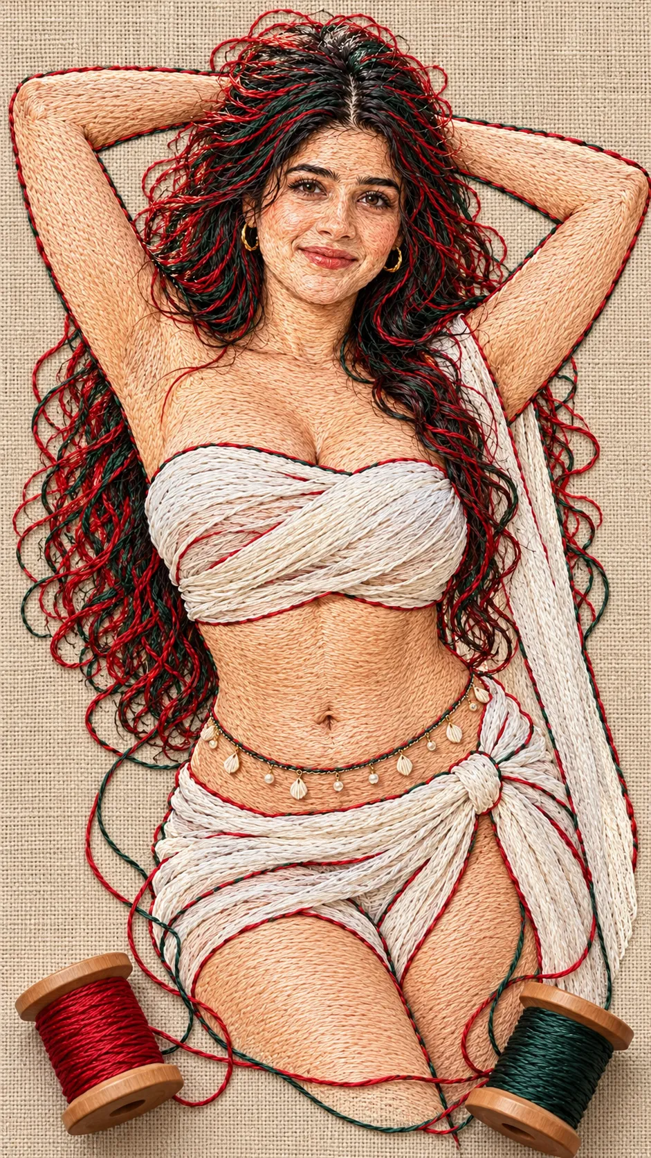 Red and Dark Green Thread Portrait on Linen