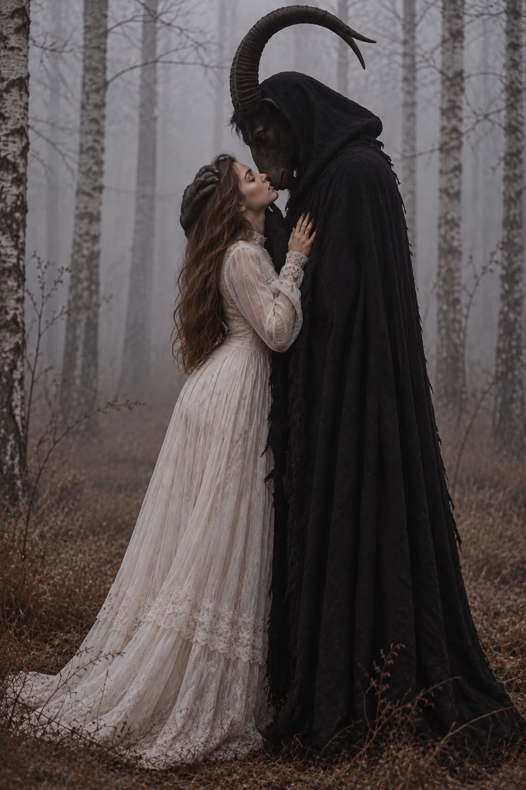 Woman and Horned Creature in a Foggy Birch Grove output 2