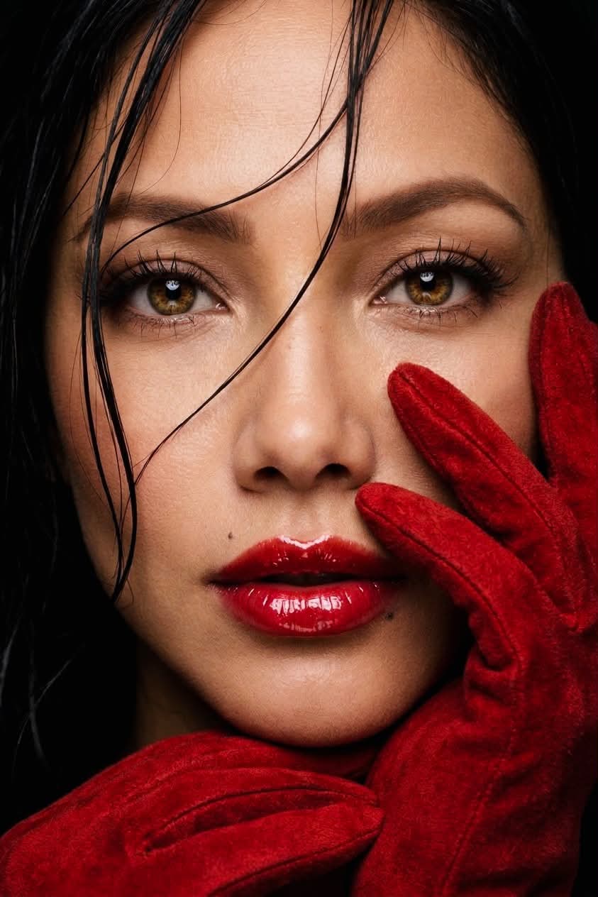 Dramatic Red-Glove Macro Beauty Portrait