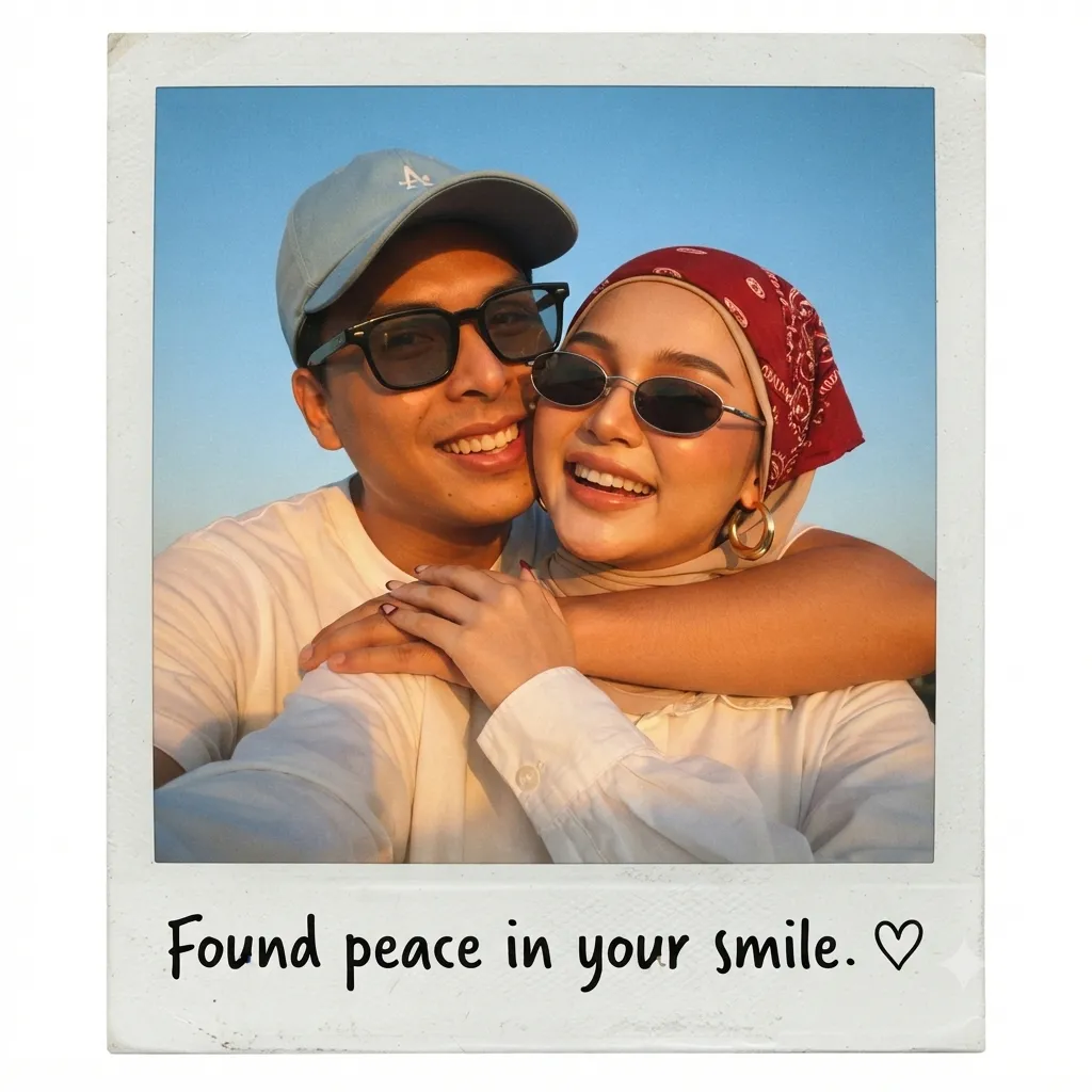 Golden-Hour Couple Selfie in a Vintage Polaroid Frame output 3