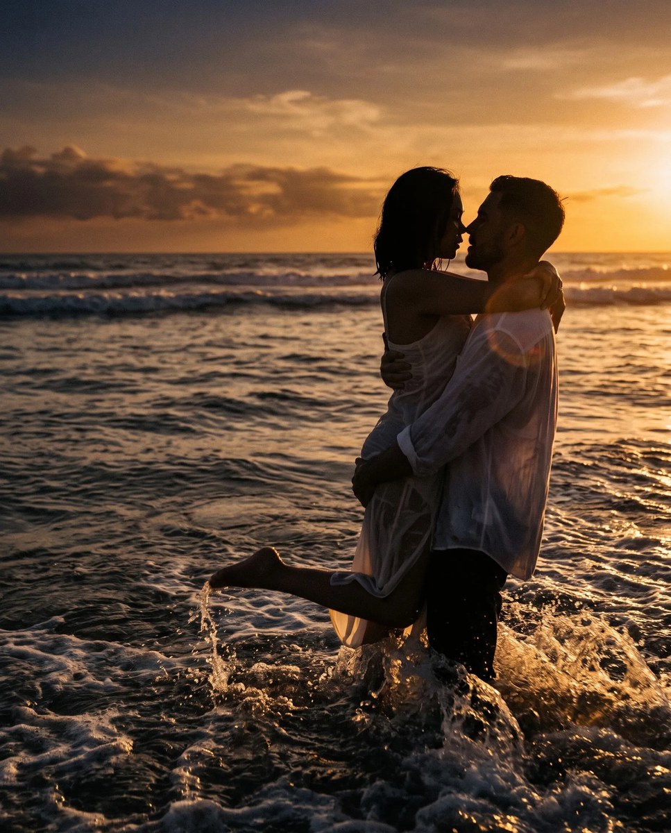 Romantic Couple Embracing in the Ocean at Sunset