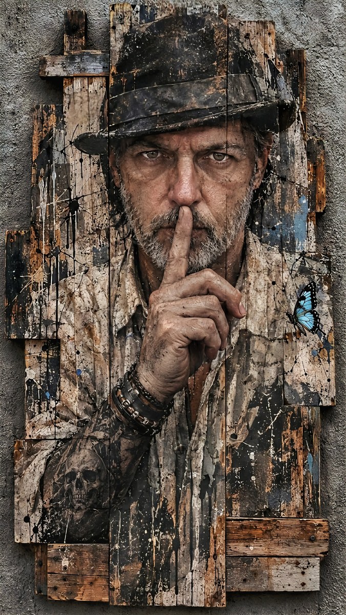 Rustic Mixed-Media Shushing Portrait output 1