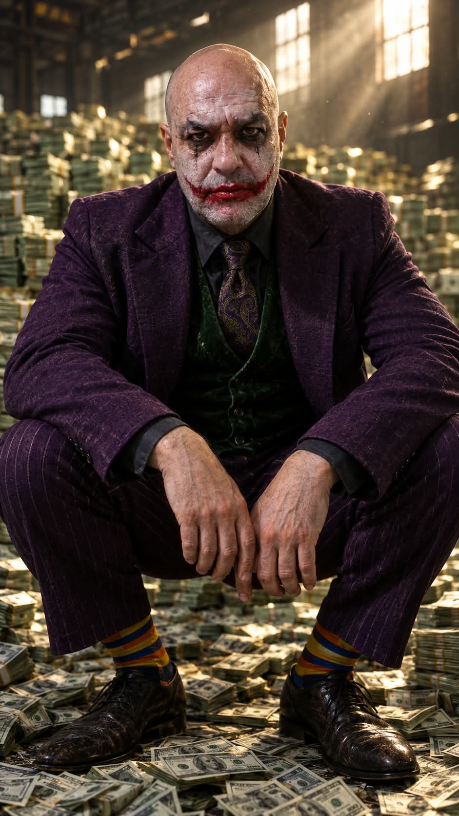 Photorealistic Dark Clown Portrait Among Dollar Bills