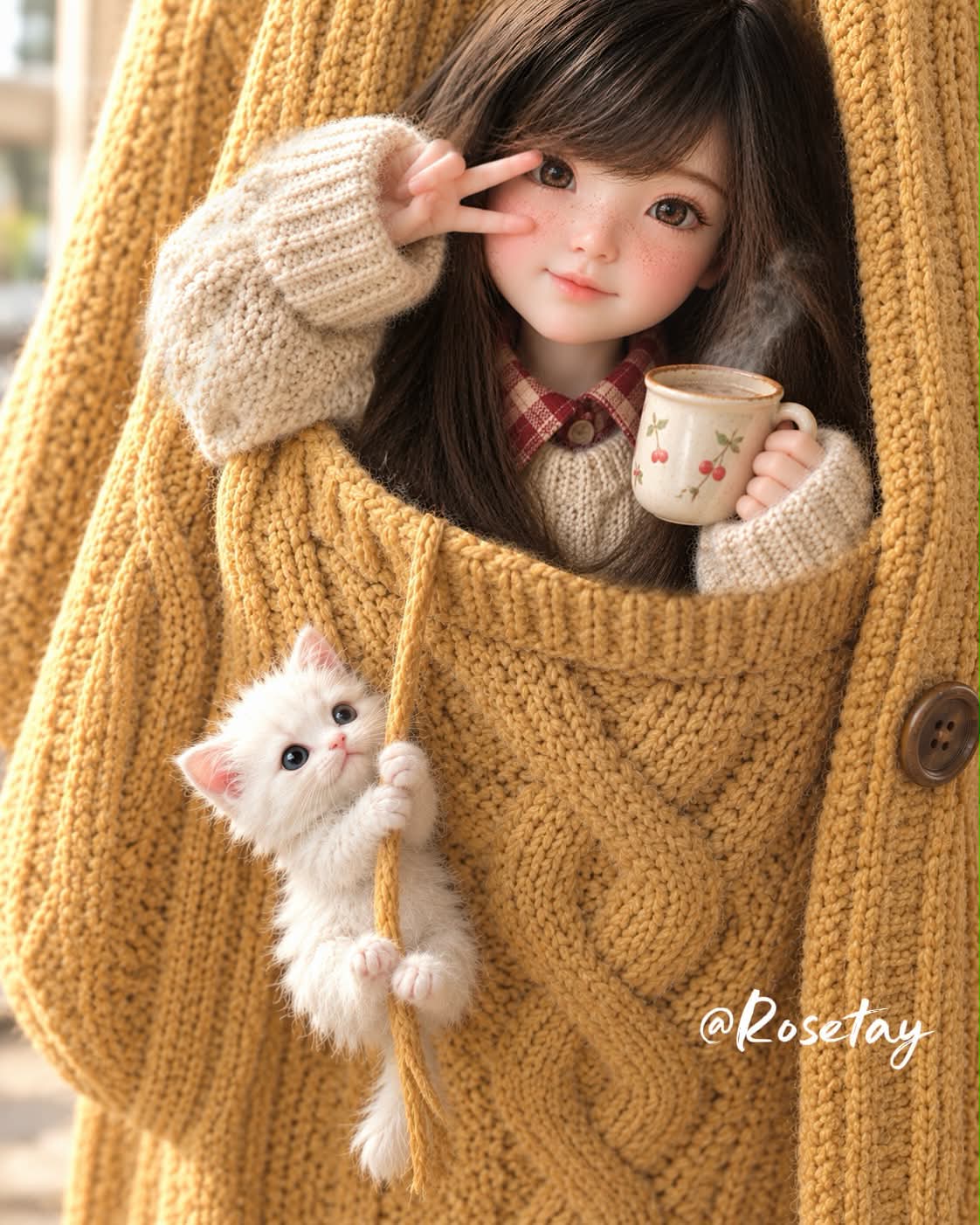 Miniature Girl in a Knitted Cardigan Pocket