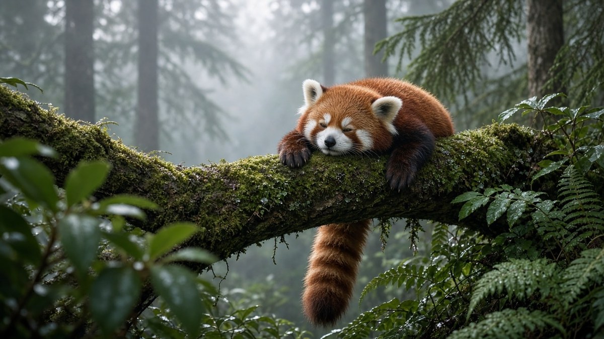 Photoreal Red Panda Napping on a Mossy Branch in a Misty Forest
