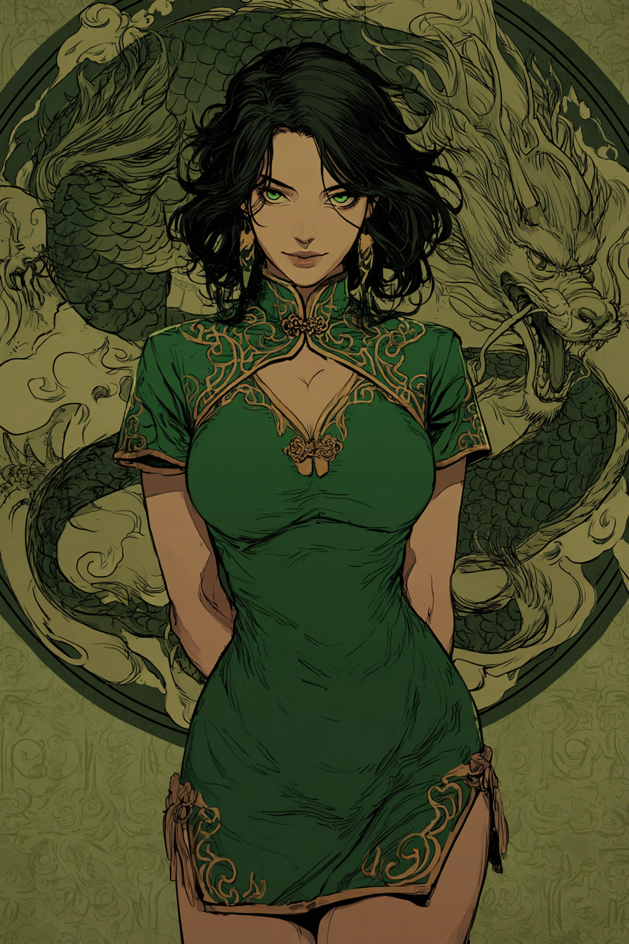 Comic-Style Female Loki in a Green Cheongsam