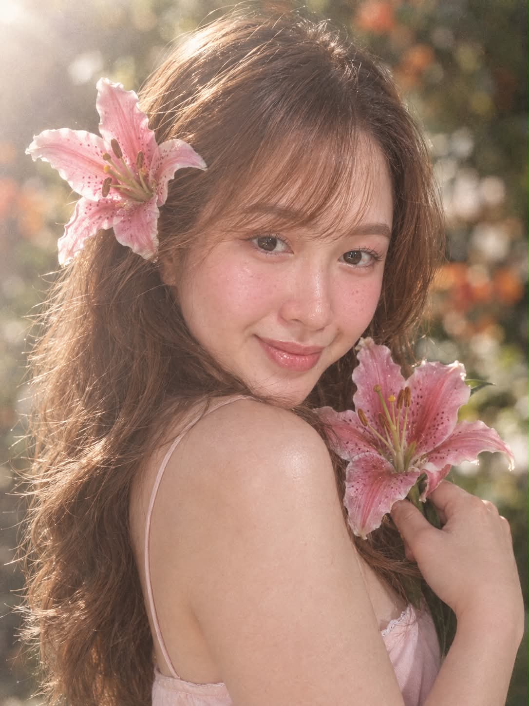 Dreamlike Portrait with Pink Star Lilies