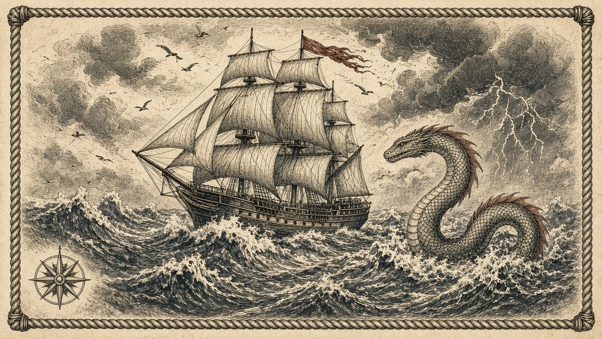 Scrimshaw Engraving of a Clipper Ship and a Sea Serpent in a Storm