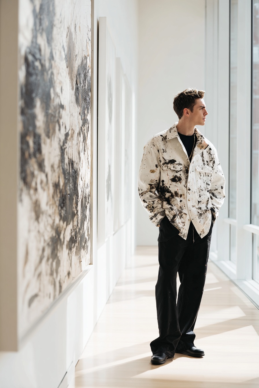 Male Model Contemplating Art in a Minimalist Gallery output 2