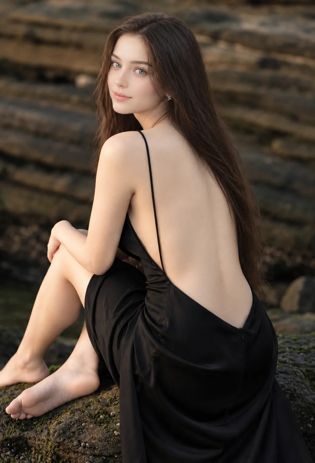 Black Satin Evening Gown: Front and Back Fashion Editorial