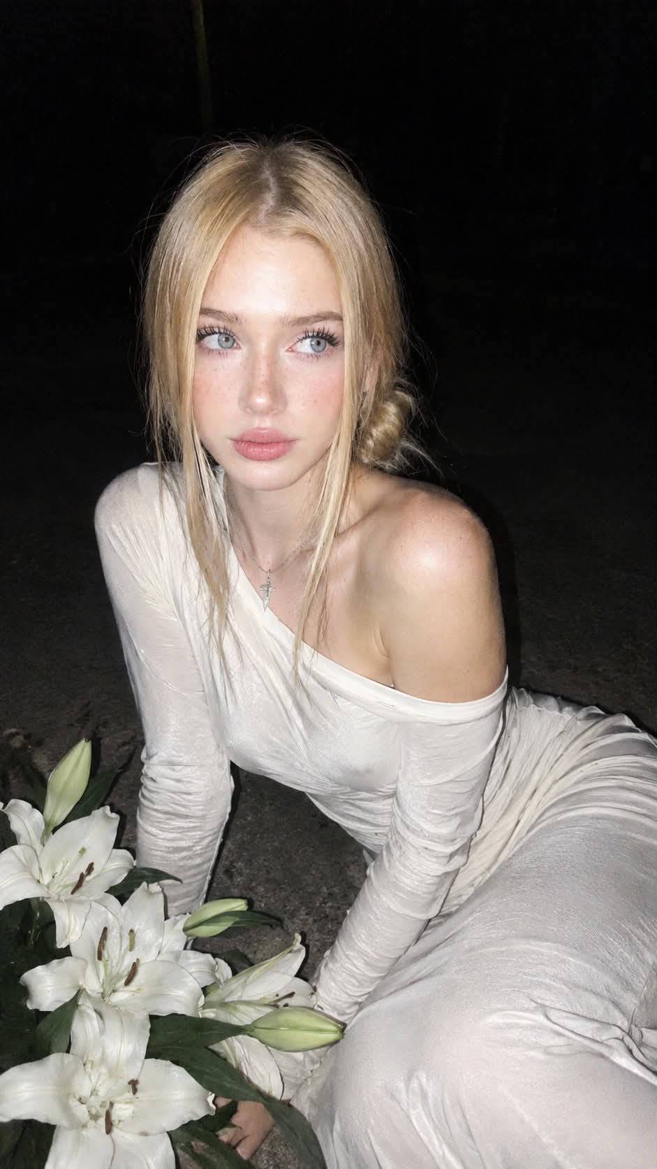 Candid Nighttime Flash Portrait with White Lilies