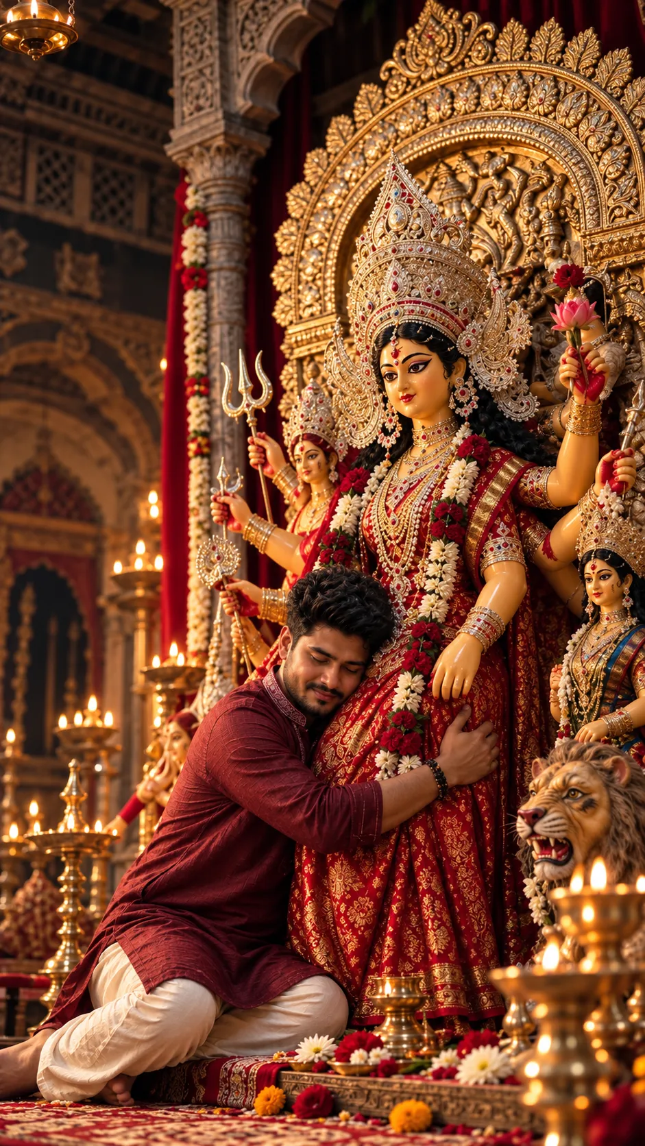 Young Man Devotionally Embracing a Durga Idol output 1