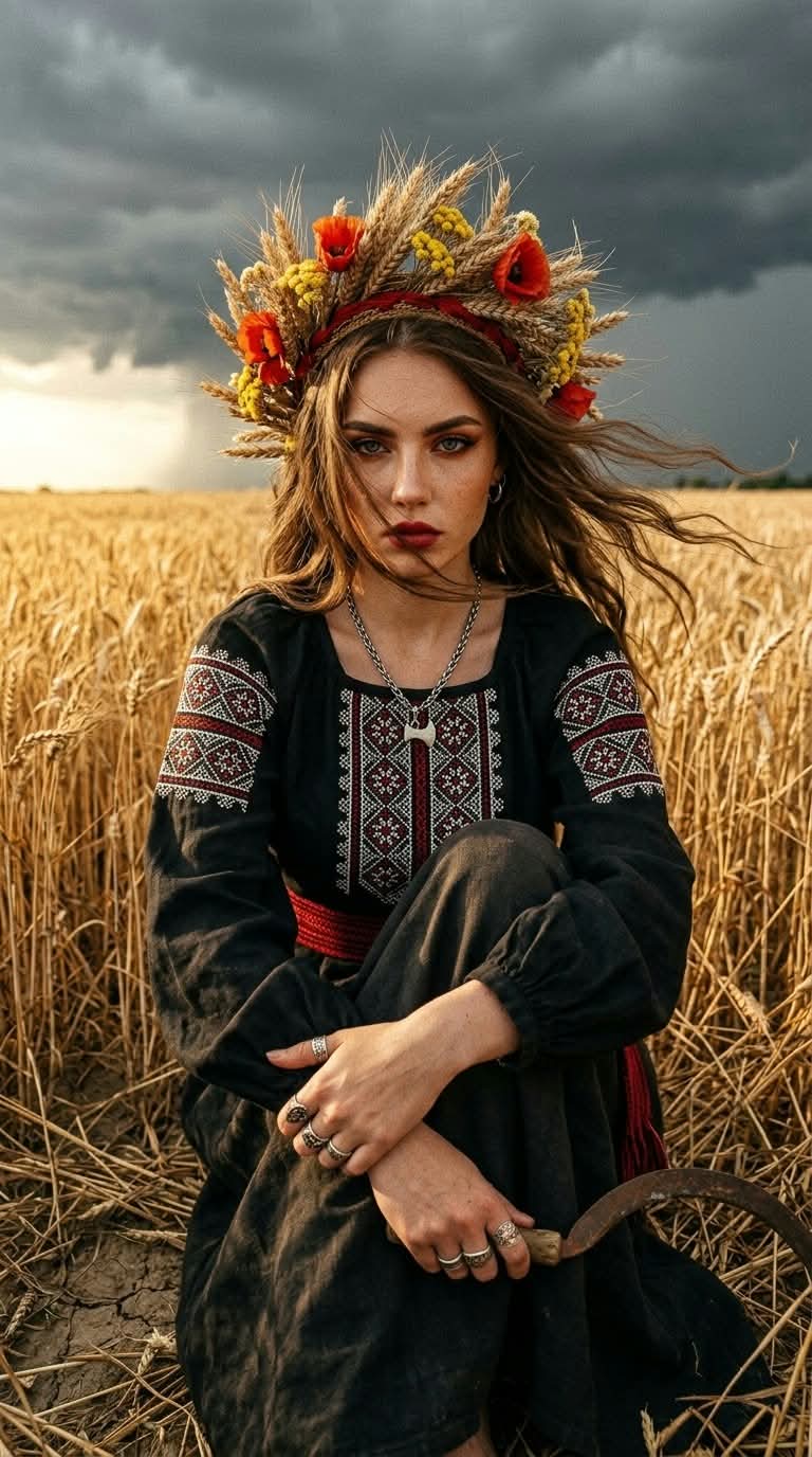 Cinematic Portrait in a Stormy Wheat Field