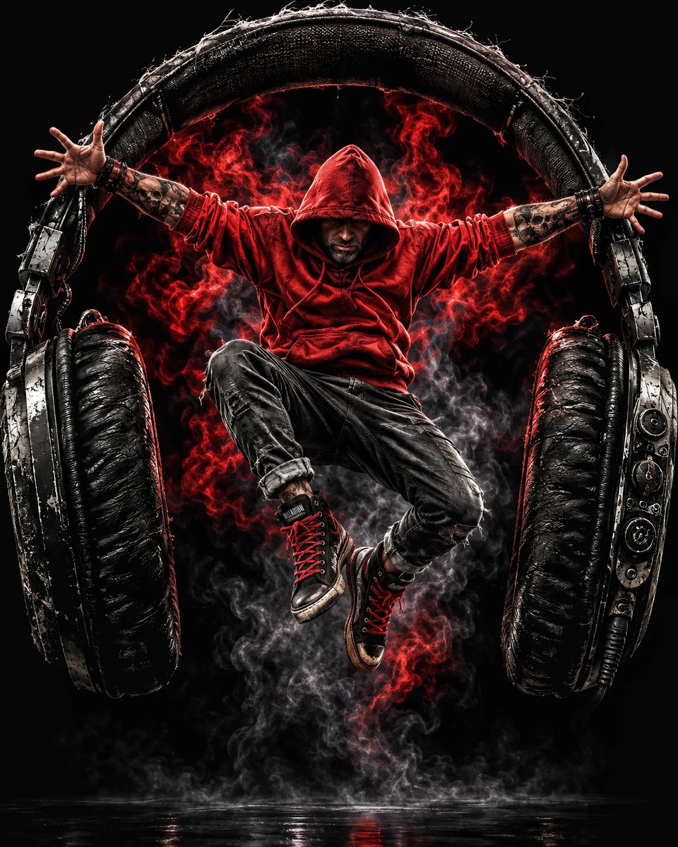 Midair Jump Framed by Giant Industrial Headphones