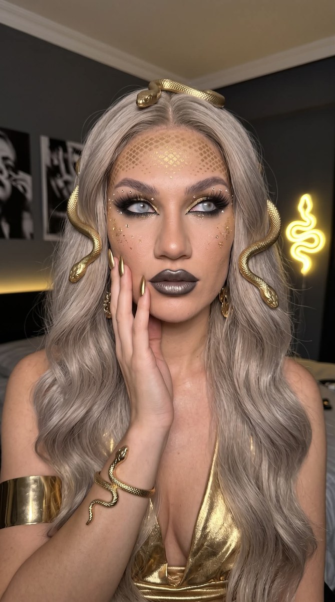 Photorealistic Medusa-Inspired Golden Snake Selfie