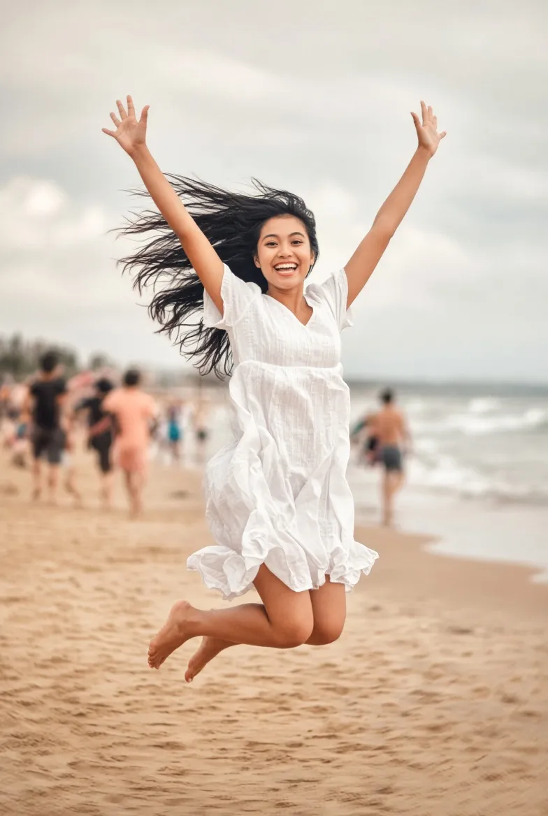 Joyful Beach Jump with a Candid Film Look output 2