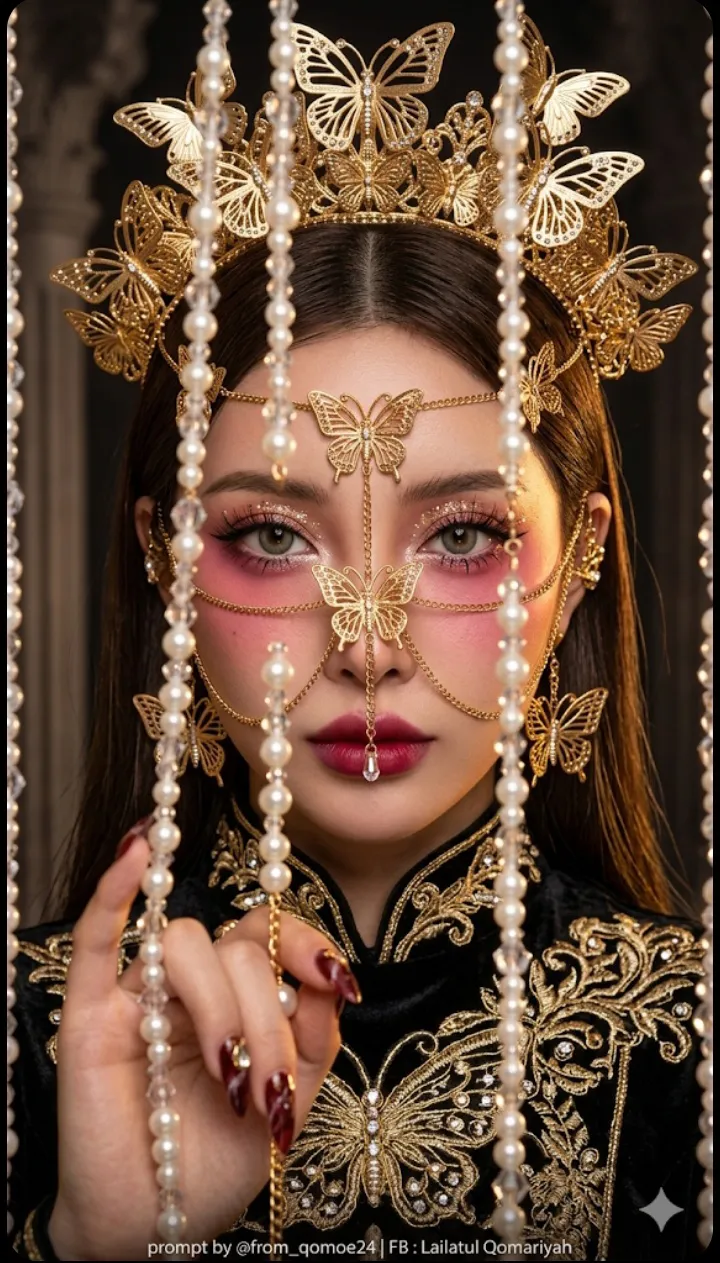 Golden Butterfly Crown Portrait Behind a Beaded Curtain output 2