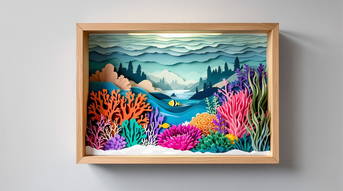 Cut-Paper Shadow Box of a Coral Reef Aquarium