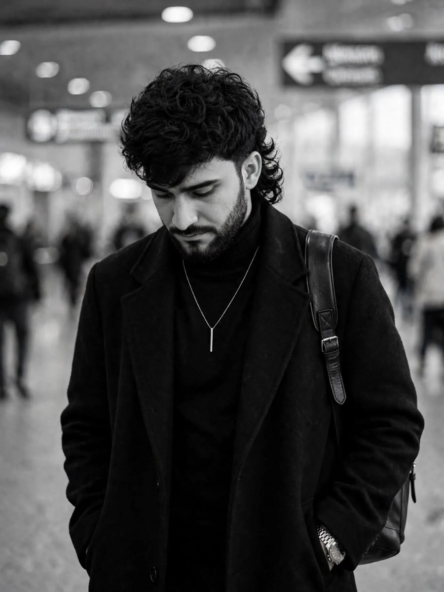 Black-and-White Airport Portrait of a Young Man