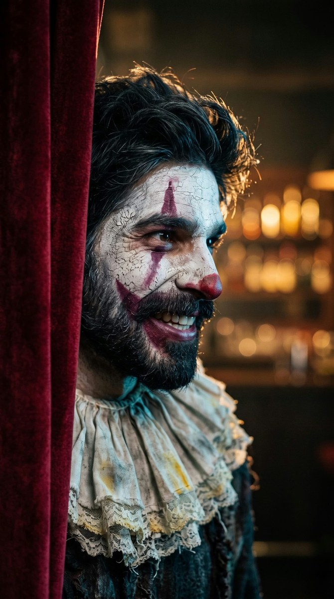 Cinematic Clown Portrait Behind a Velvet Curtain output 1