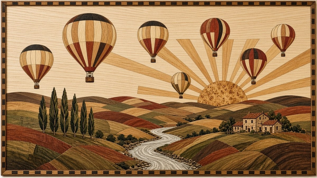 Marquetry Wood Inlay Panel of Hot Air Balloons over Rolling Hills at Sunrise