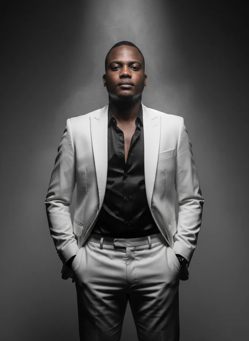 Cinematic Editorial Portrait in a White Suit