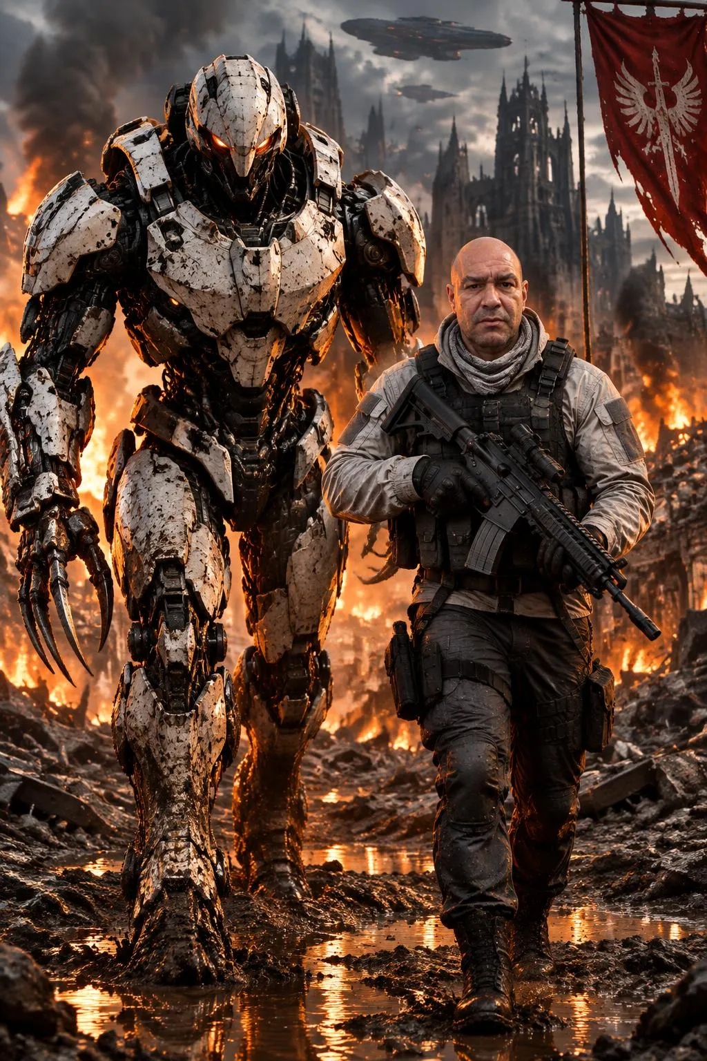Tactical Warrior and Giant Robot on a Sci-Fi Battlefield