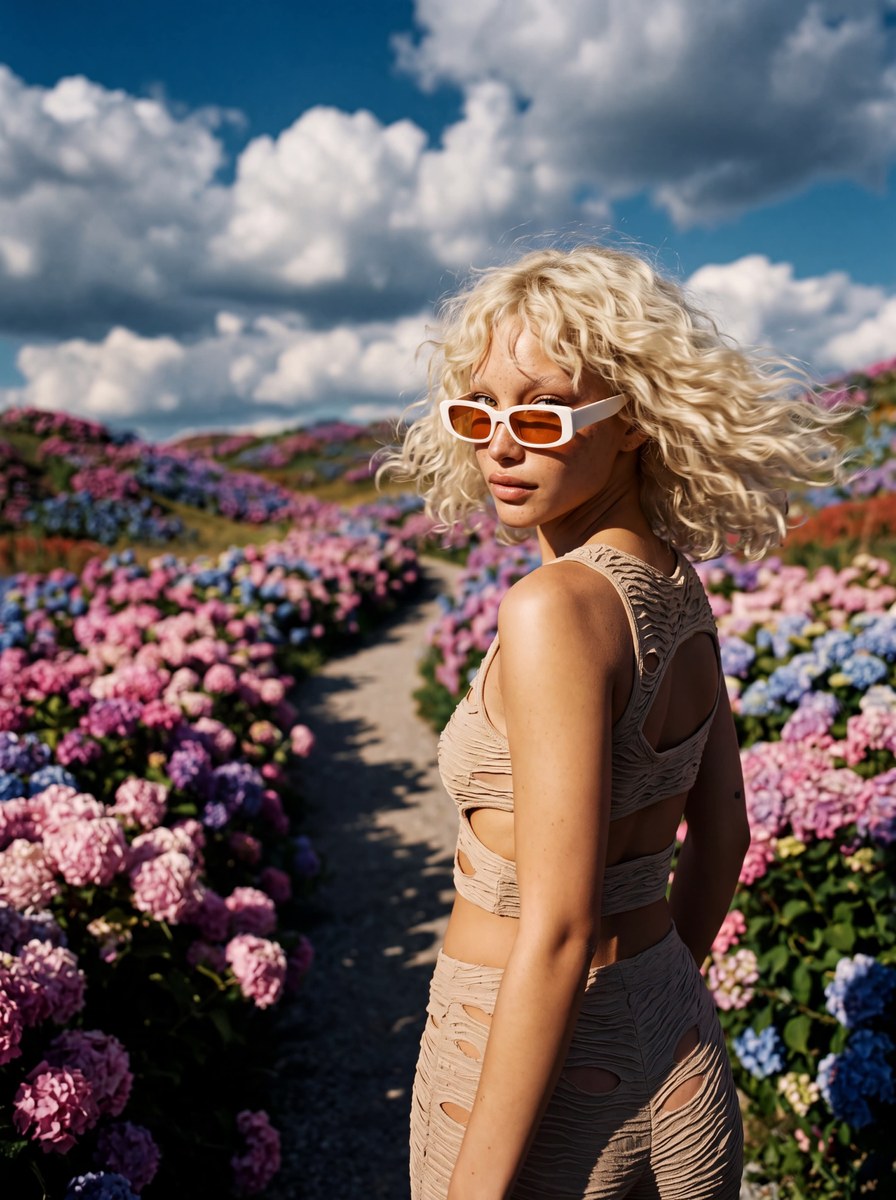 Cinematic Low-Angle Portrait in Pastel Gardens output 4