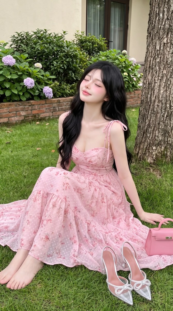 Dreamy Garden Portrait in a Pastel Pink Dress
