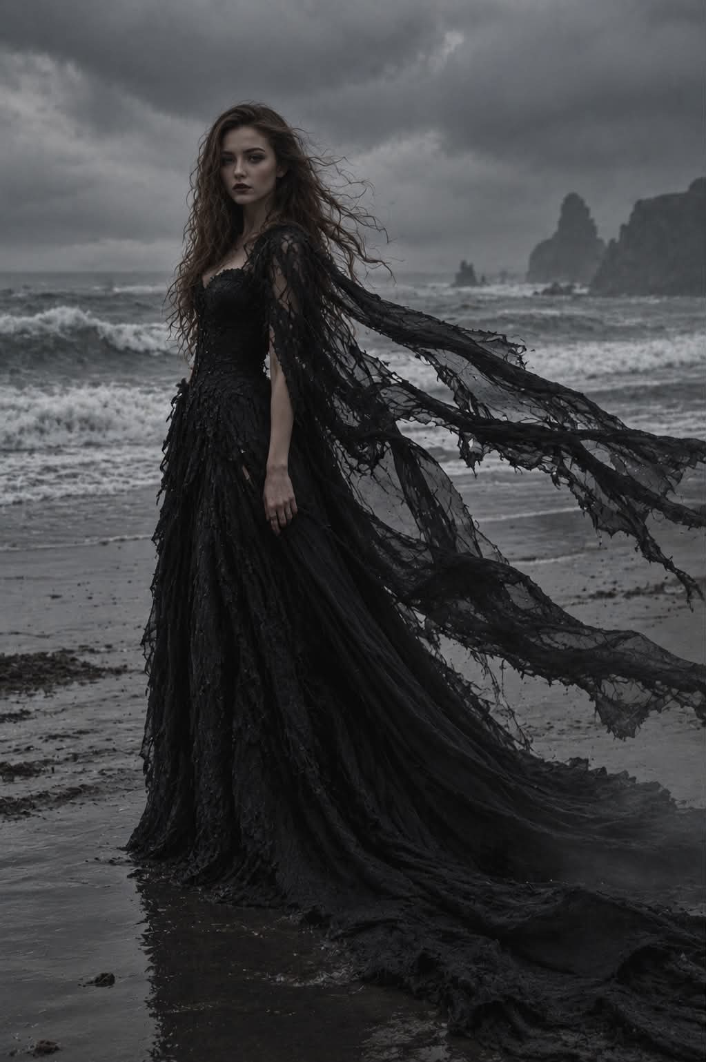 Gothic Woman on a Stormy Shore