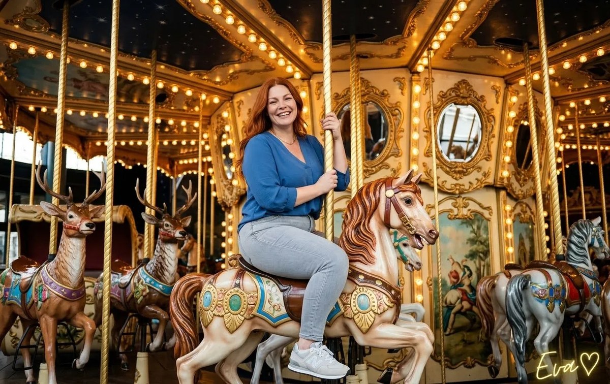 Redheaded Woman on a Vintage Carousel