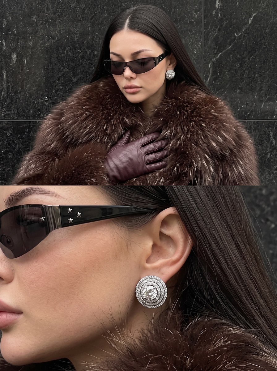 Luxury Fur and Diamond Earrings Editorial Collage