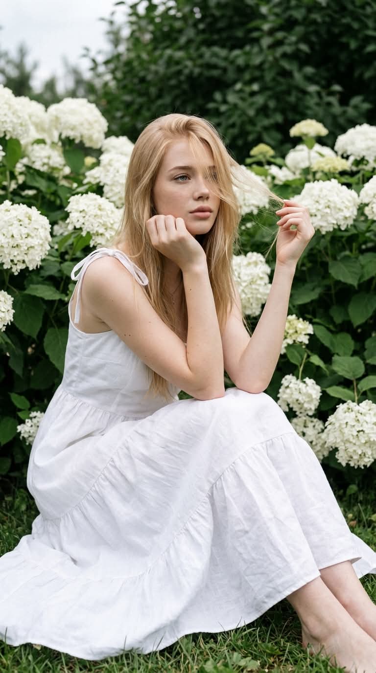 Photorealistic Portrait in a Hydrangea Garden output 2