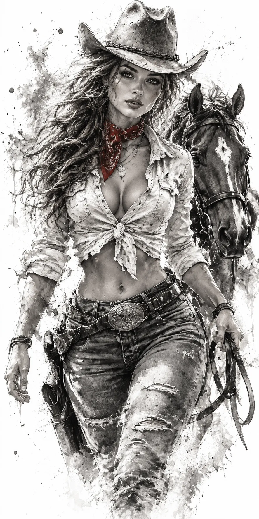 Charcoal Western Cowgirl and Horse with Crimson Accents