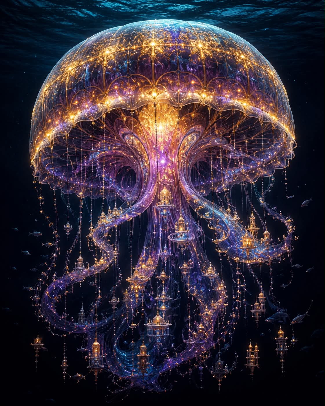 Bioluminescent Jellyfish with Miniature Cityscape Tendrils output 1