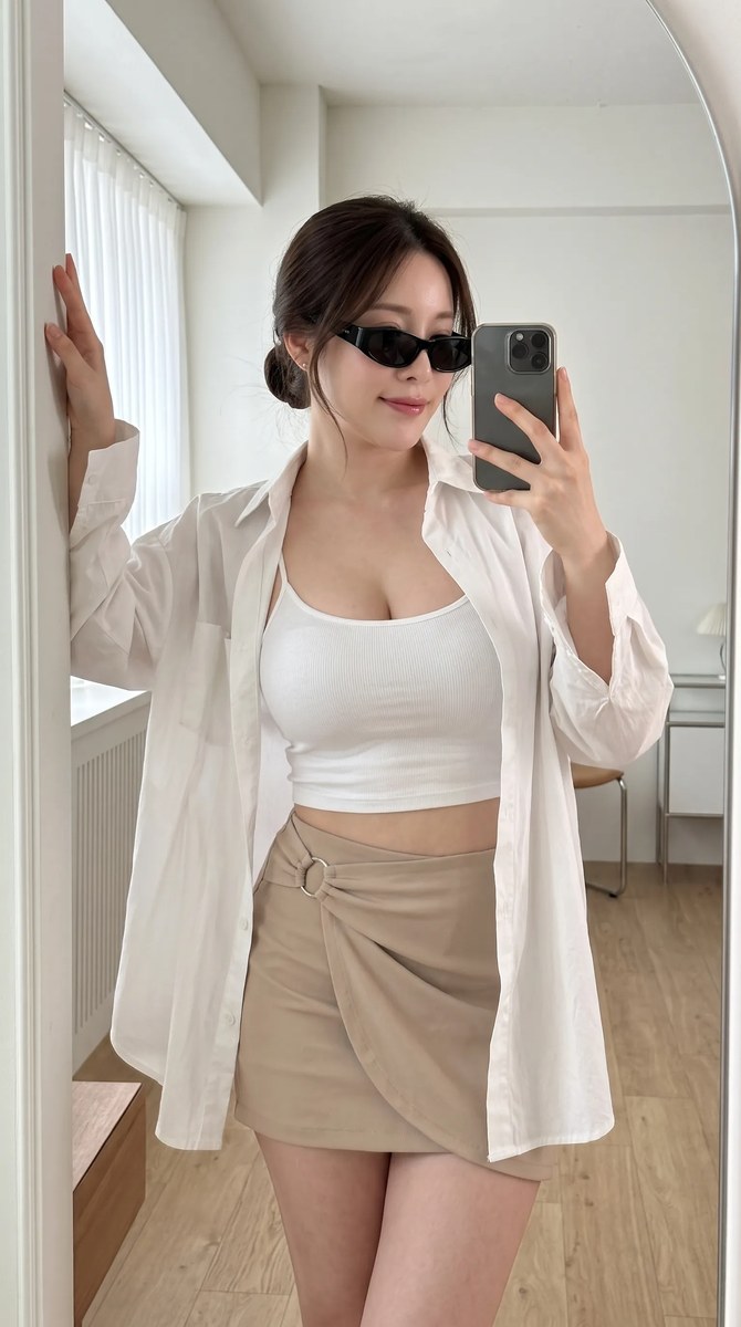 Minimalist Mirror Selfie in White and Beige output 1