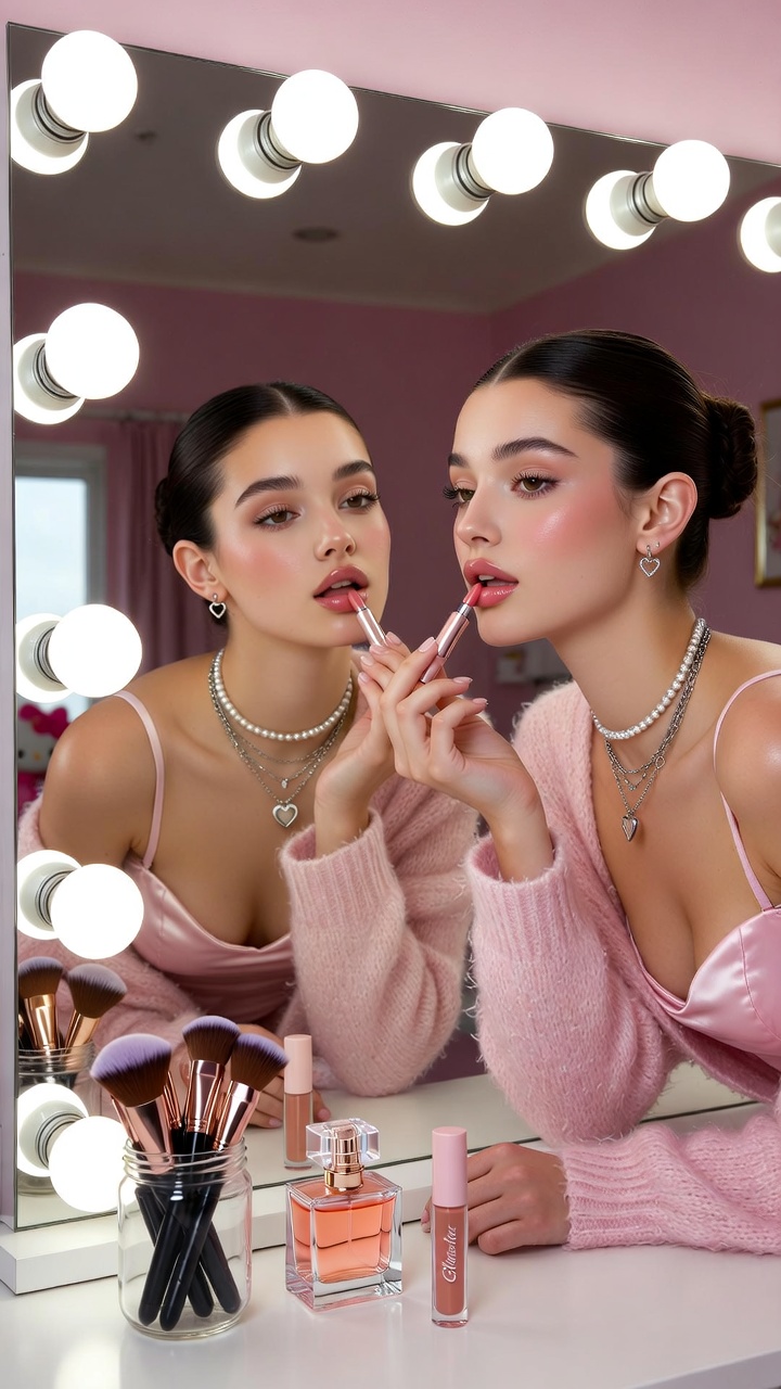 Coquette-Style Vanity Mirror Lip Gloss Scene