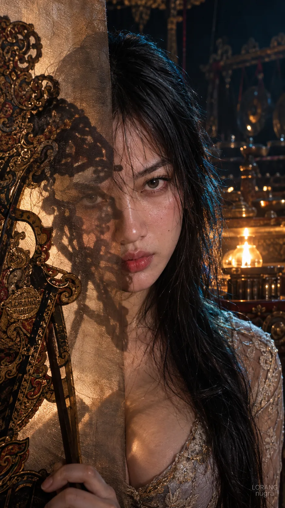 Indonesian Woman Behind a Wayang Shadow Screen