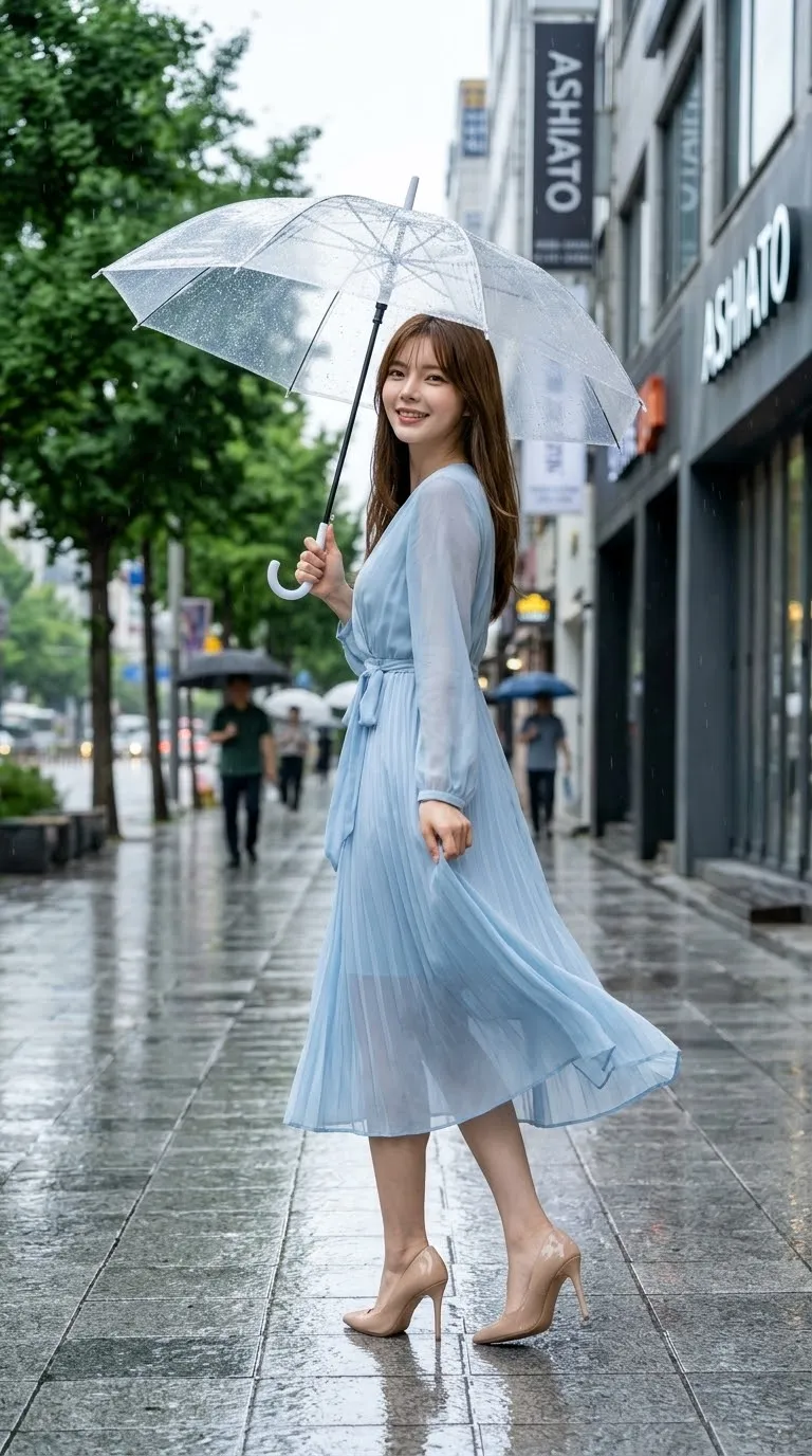 Rainy Korean City Fashion Editorial Portrait output 1
